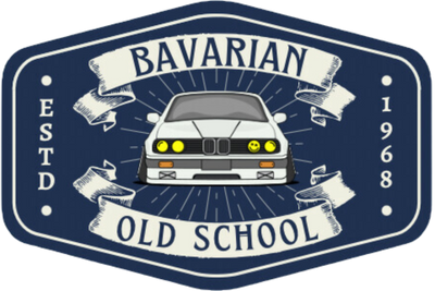 Logo with a car illustration and text 'Bavarian Old School' on a blue background