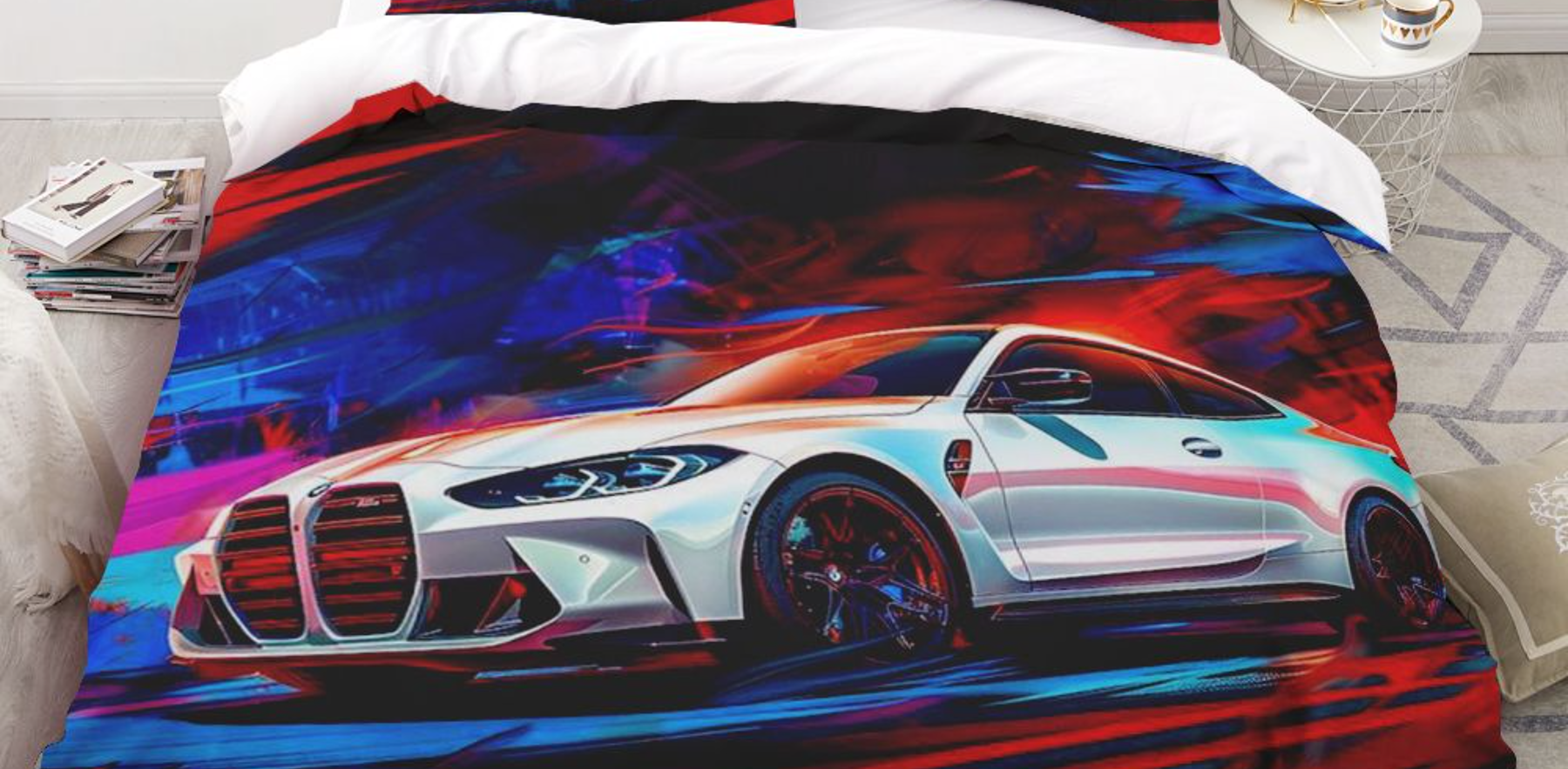 bmw m4 g82 Colorful car design on a bedspread. Bedding set from Bavarian old school