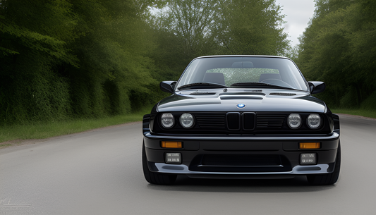 A pristine BMW E30 M3 showcasing its classic design with flared wheel arches, aggressive front spoiler, and iconic rear wing. The car is parked in a picturesque outdoor setting, highlighting its timeless elegance and motorsport heritage.