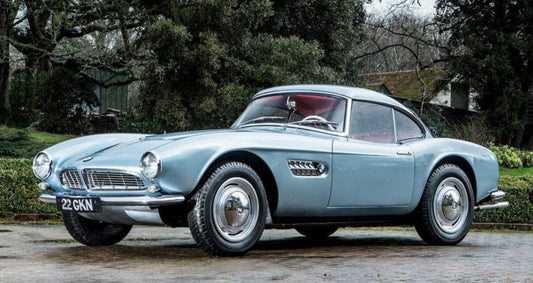 BMW 507, the most expensive BMW ever sold at auction, showcasing its classic design with sleek curves, iconic front grille, and polished exterior. The image highlights the car's timeless elegance and luxurious features.