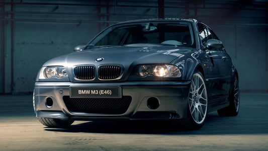 BMW E46 3 Series, displaying its classic sedan design with sleek lines, iconic kidney grilles, and stylish alloy wheels. The image highlights the car's timeless and sporty appearance.