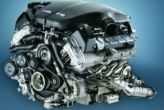 V10 engine from a BMW E60 M5, showcasing its high-performance design with intricate details and advanced engineering features, highlighting the power and technology behind this iconic engine.