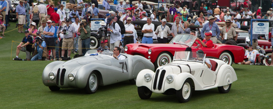 Two BMW 507 models at a BMW meeting, showcasing their classic design and elegant lines. The image highlights the rare and iconic status of these vintage cars, emphasizing their beauty and the community atmosphere of the gathering.