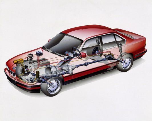 BMW X Drive 2 system, showcasing the advanced all-wheel-drive technology with detailed components and layout. The image highlights the system's innovation, enhancing traction and control for optimal driving performance.