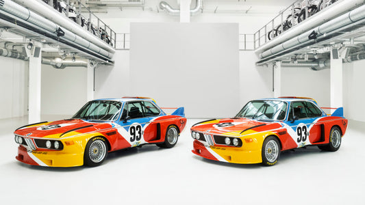 Alexander Calder’s 1975 BMW 3.0 CSL Art Car, adorned with Calder's signature abstract, colorful shapes and patterns, transforming the car into a dynamic, moving piece of art. bavarian old school