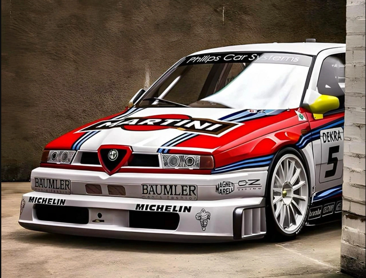 Alfa Romeo 155 V6 DTM racing car with Martini sponsors. Italian Old School