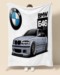 Blanket with BMW logo and car E46 design on a white background