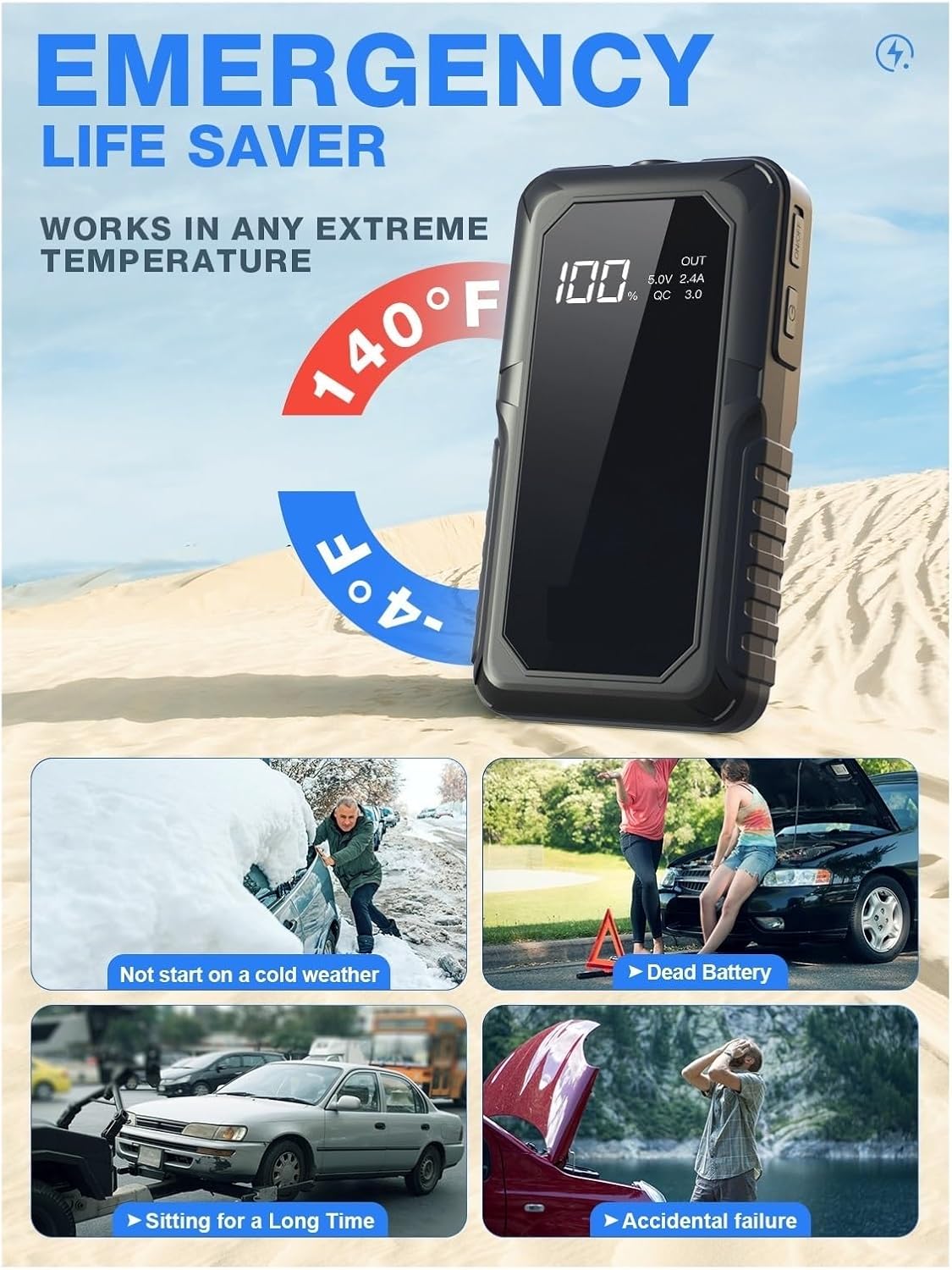 2000A Peak Jump Starter — High-Power Emergency Battery Pack (12V Vehicles)