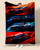 Fleece blanket with racing car design  BMW draped over a person