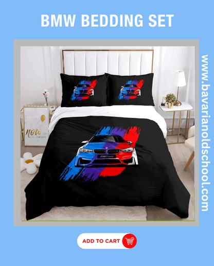 BMW-themed bedding sets featuring distinctive automotive designs, available for purchase. The sets include pillowcases and duvet covers showcasing BMW logos and motifs.