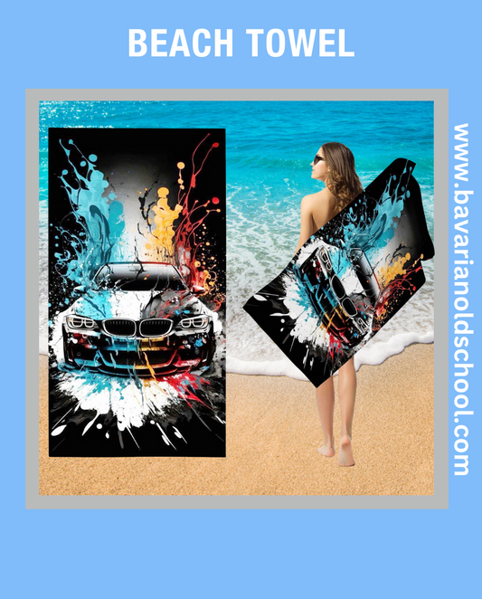 beach towek with bmw theme and automotive design. bavarian old school online store. print on demand. bedding sets, carpets, bankets, 