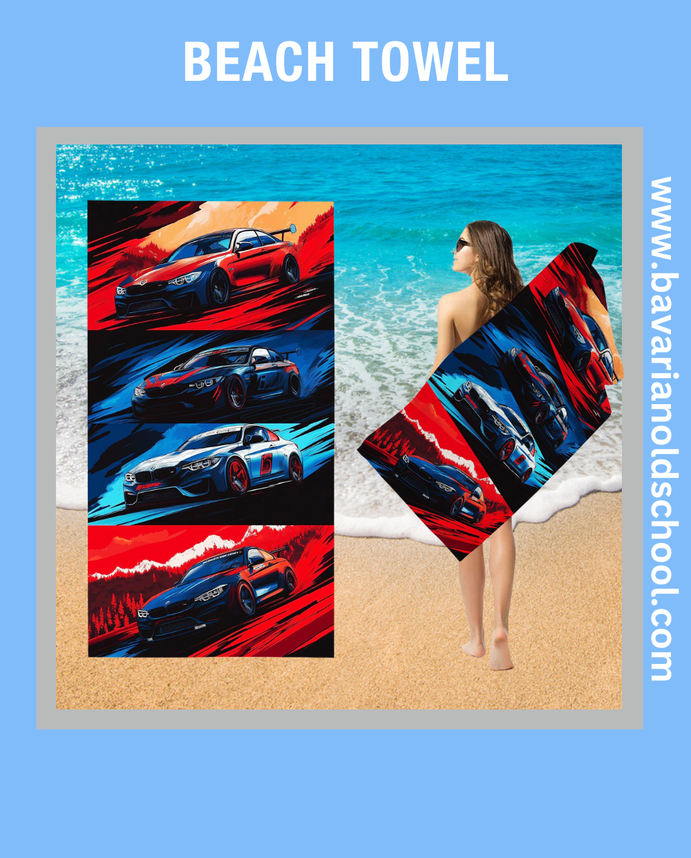 beach towek with bmw theme and automotive design. bavarian old school online store. print on demand. bedding sets, carpets, bankets, 