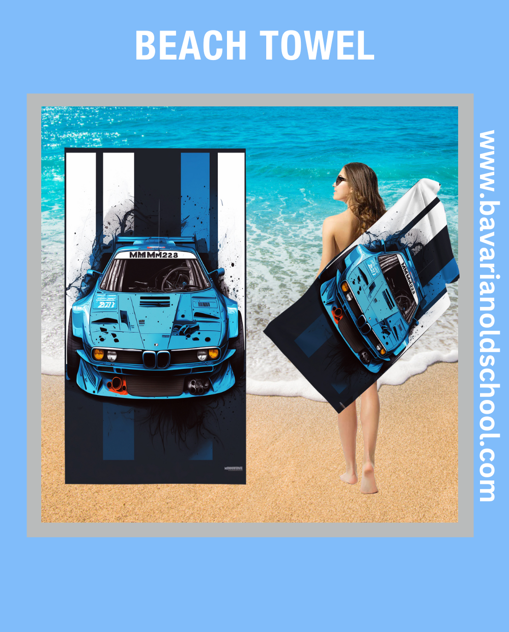 beach towek with bmw theme and automotive design. bavarian old school online store. print on demand. bedding sets, carpets, bankets, 