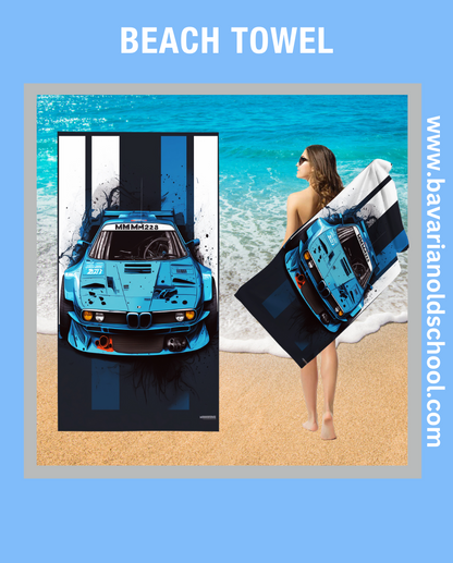 beach towek with bmw theme and automotive design. bavarian old school online store. print on demand. bedding sets, carpets, bankets, 