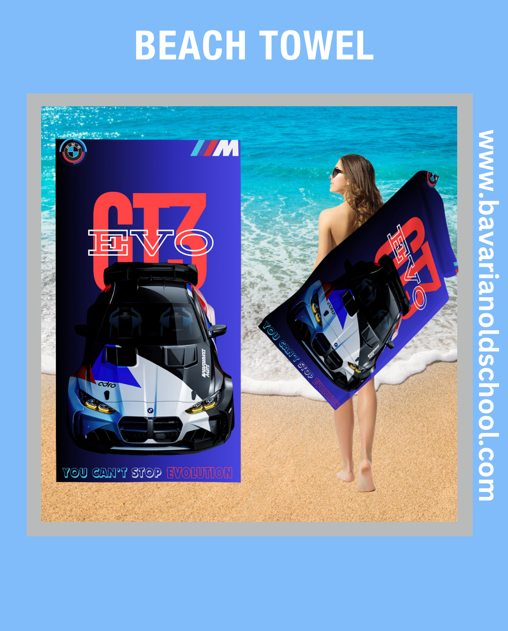 beach towek with bmw theme and automotive design. bavarian old school online store. print on demand. bedding sets, carpets, bankets, 