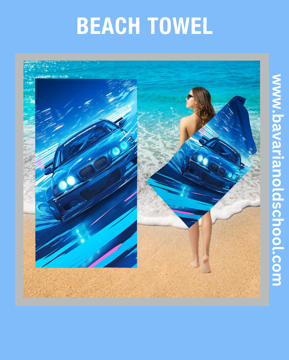 beach towek with bmw theme and automotive design. bavarian old school online store. print on demand. bedding sets, carpets, bankets, 