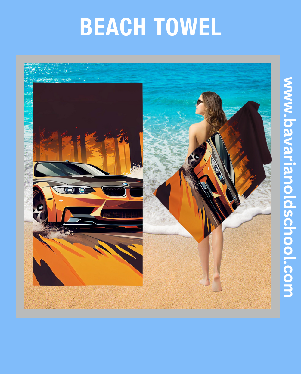 beach towek with bmw theme and automotive design. bavarian old school online store. print on demand. bedding sets, carpets, bankets, 