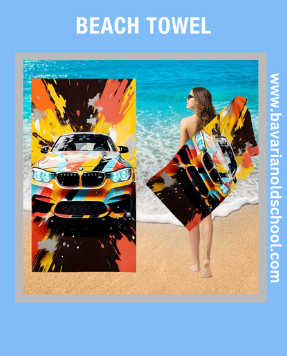 beach towek with bmw theme and automotive design. bavarian old school online store. print on demand. bedding sets, carpets, bankets, 