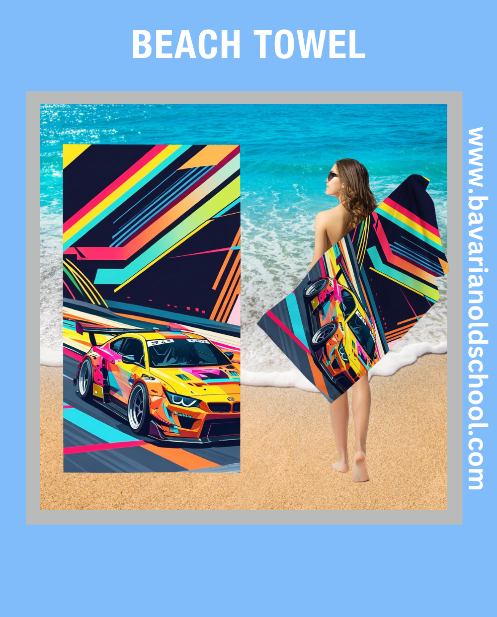 beach towek with bmw theme and automotive design. bavarian old school online store. print on demand. bedding sets, carpets, bankets, 