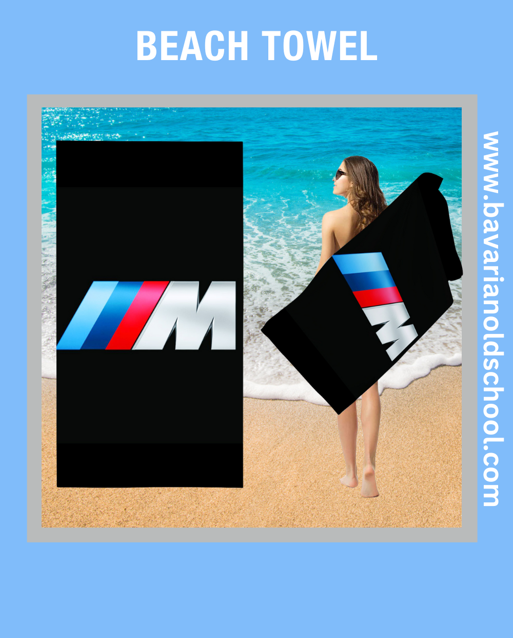 beach towek with bmw theme and automotive design. bavarian old school online store. print on demand. bedding sets, carpets, bankets, 