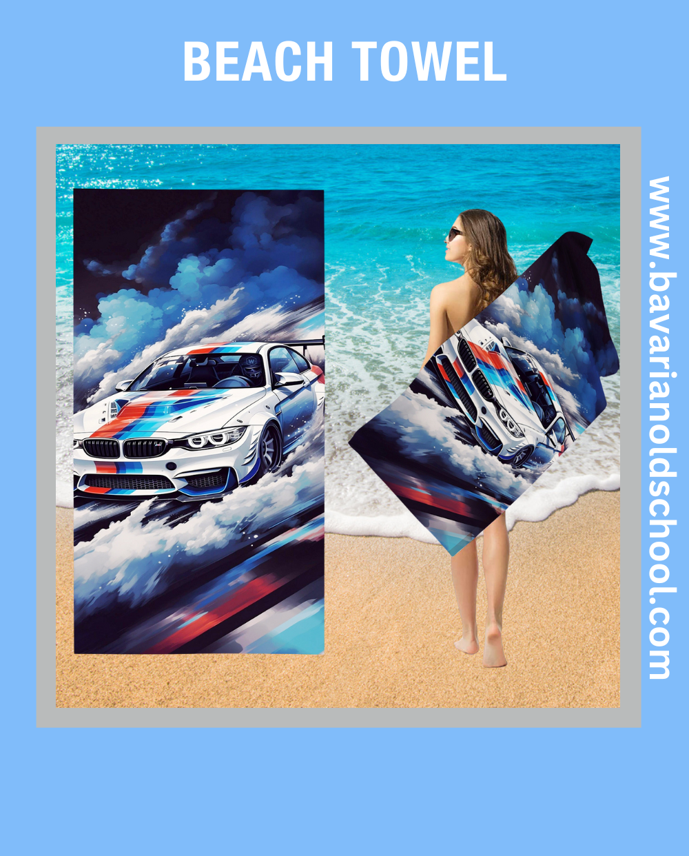 beach towek with bmw theme and automotive design. bavarian old school online store. print on demand. bedding sets, carpets, bankets, 