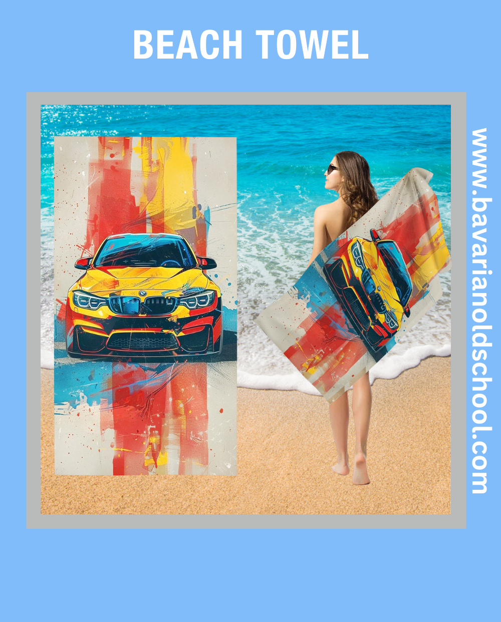 beach towek with bmw theme and automotive design. bavarian old school online store. print on demand. bedding sets, carpets, bankets, 