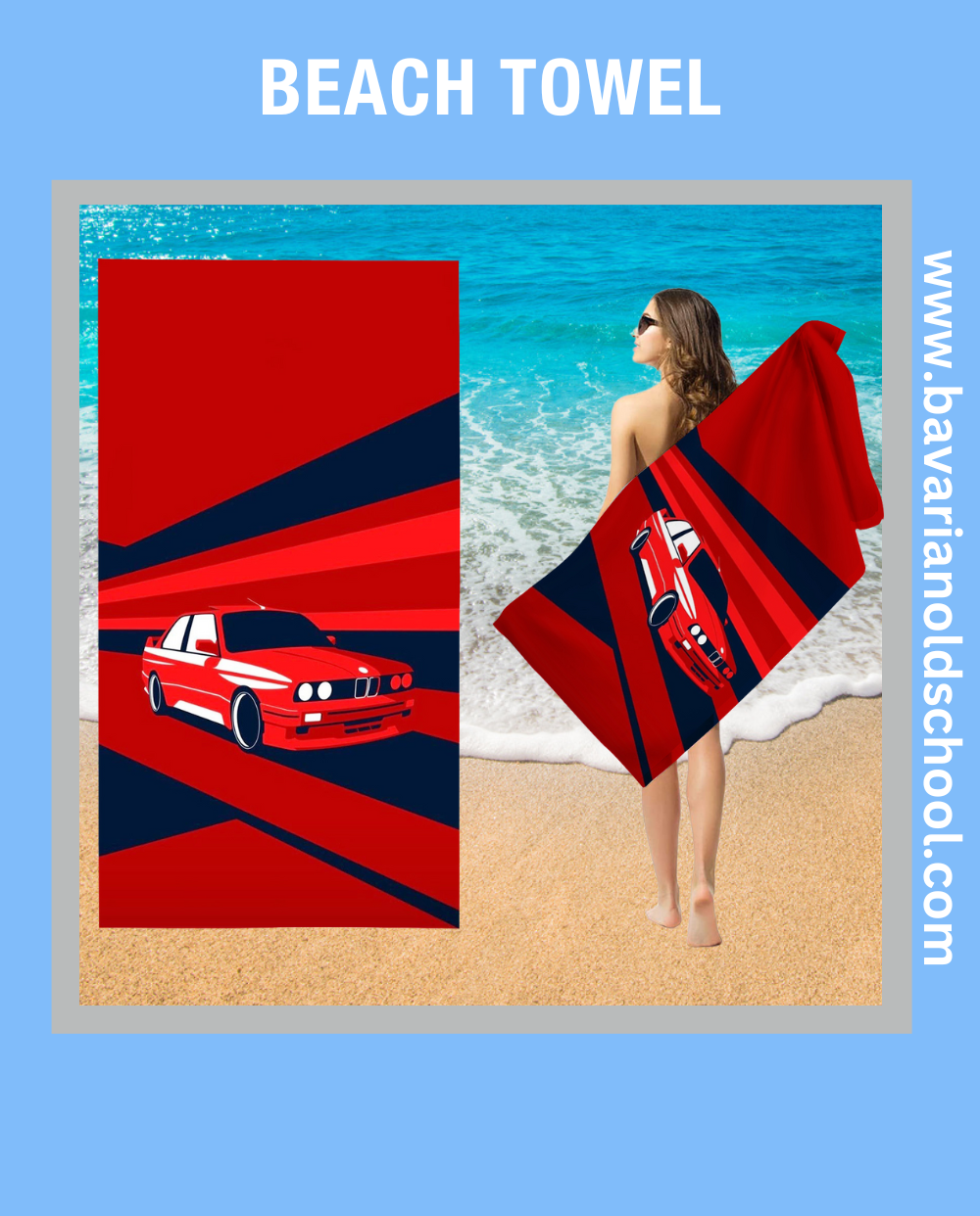 beach towek with bmw theme and automotive design. bavarian old school online store. print on demand. bedding sets, carpets, bankets, 