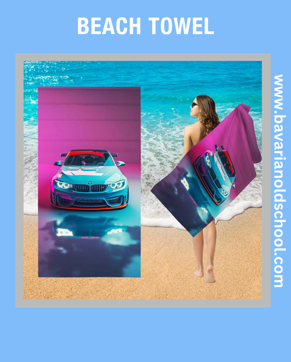 beach towek with bmw theme and automotive design. bavarian old school online store. print on demand. bedding sets, carpets, bankets, 