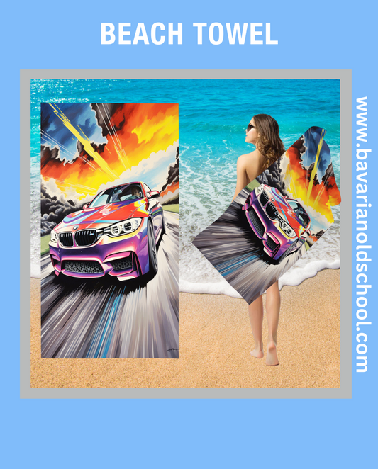 beach towek with bmw theme and automotive design. bavarian old school online store. print on demand. bedding sets, carpets, bankets, 