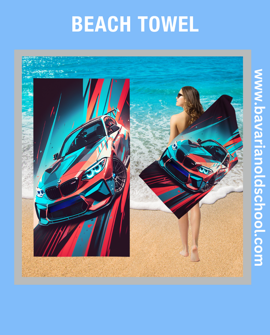 beach towek with bmw theme and automotive design. bavarian old school online store. print on demand. bedding sets, carpets, bankets, 