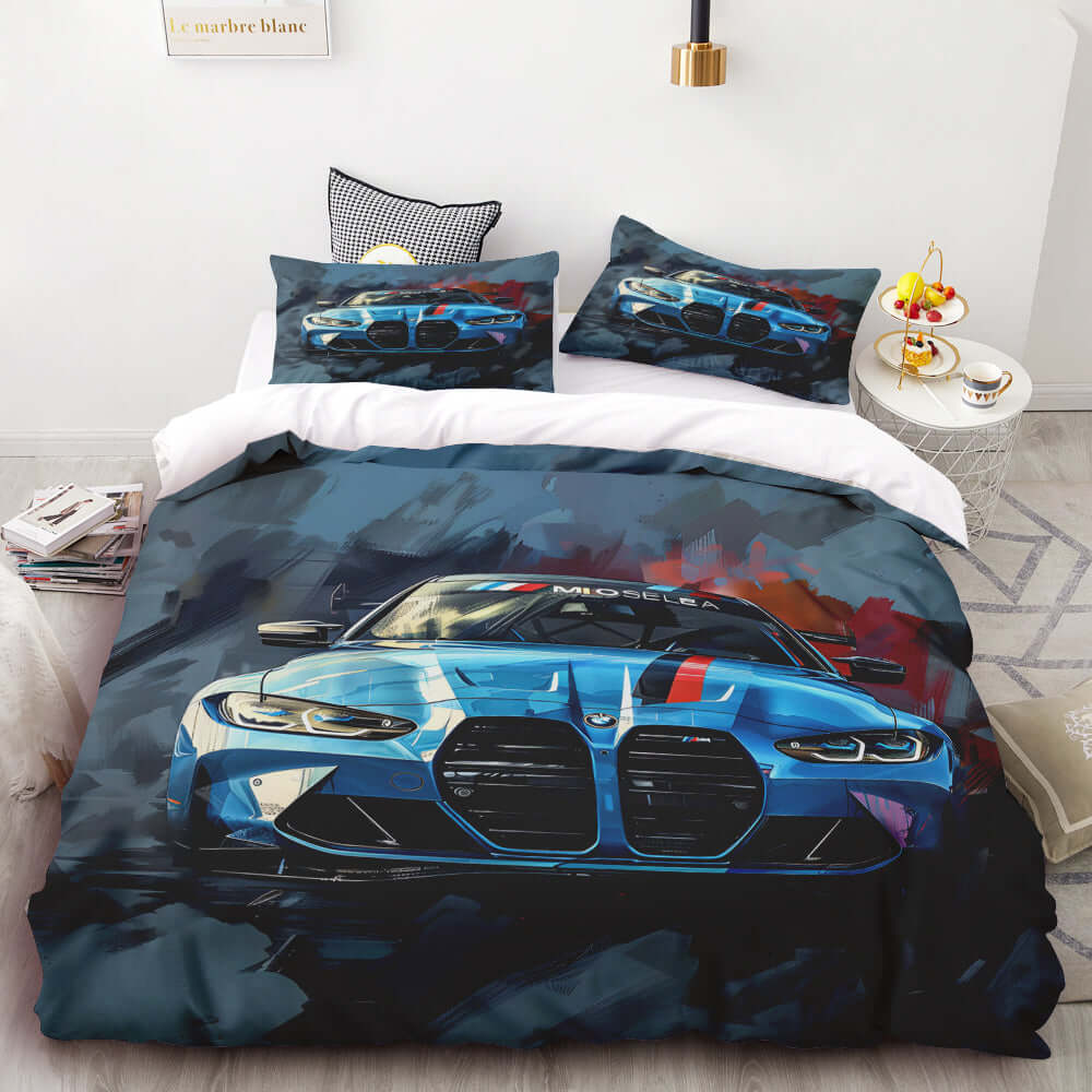 Bedding set with blue car bmw m4 g82 design on a bed in a bedroom setting. Cover duvet and two pillow cases. Bavarian old school