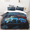 Bedding set with blue car bmw m4 g82 design on a bed in a bedroom setting. Cover duvet and two pillow cases. Bavarian old school