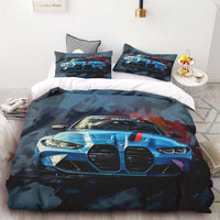 Bedding set with blue car bmw m4 g82 design on a bed in a bedroom setting. Cover duvet and two pillow cases. Bavarian old school