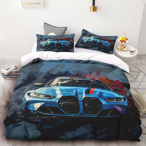 Bedding set with blue car bmw m4 g82 design on a bed in a bedroom setting. Cover duvet and two pillow cases. Bavarian old school