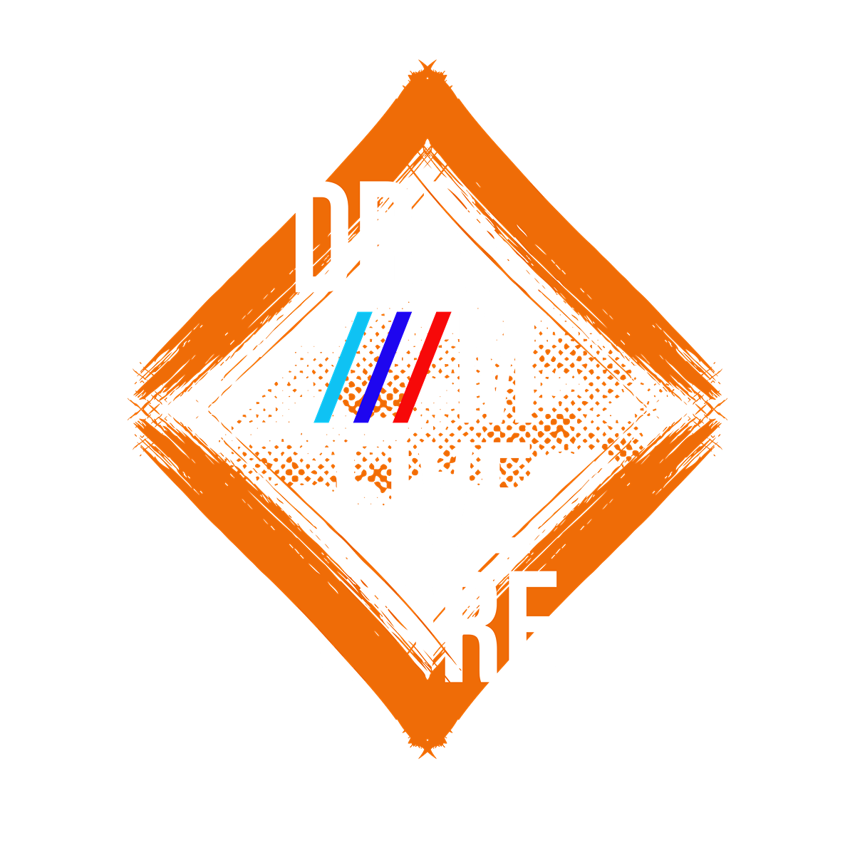 Geometric design with orange border and blue and red elements on a white background