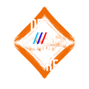 Geometric design with orange border and blue and red elements on a white background