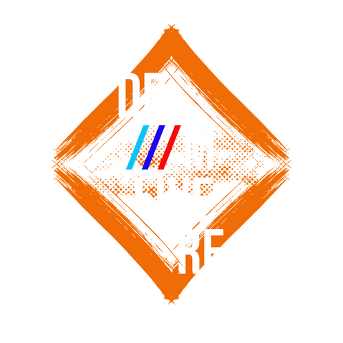 Geometric design with orange border and blue and red elements on a white background