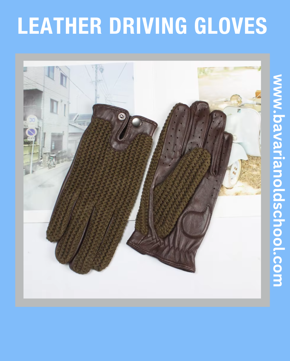 Army Green Leather Driving Gloves with Air Circulation Holes and Wool Upper. Bavarian Old. Elegant Leather Driving Gloves for Classic Car Owners in Multiple Colors.