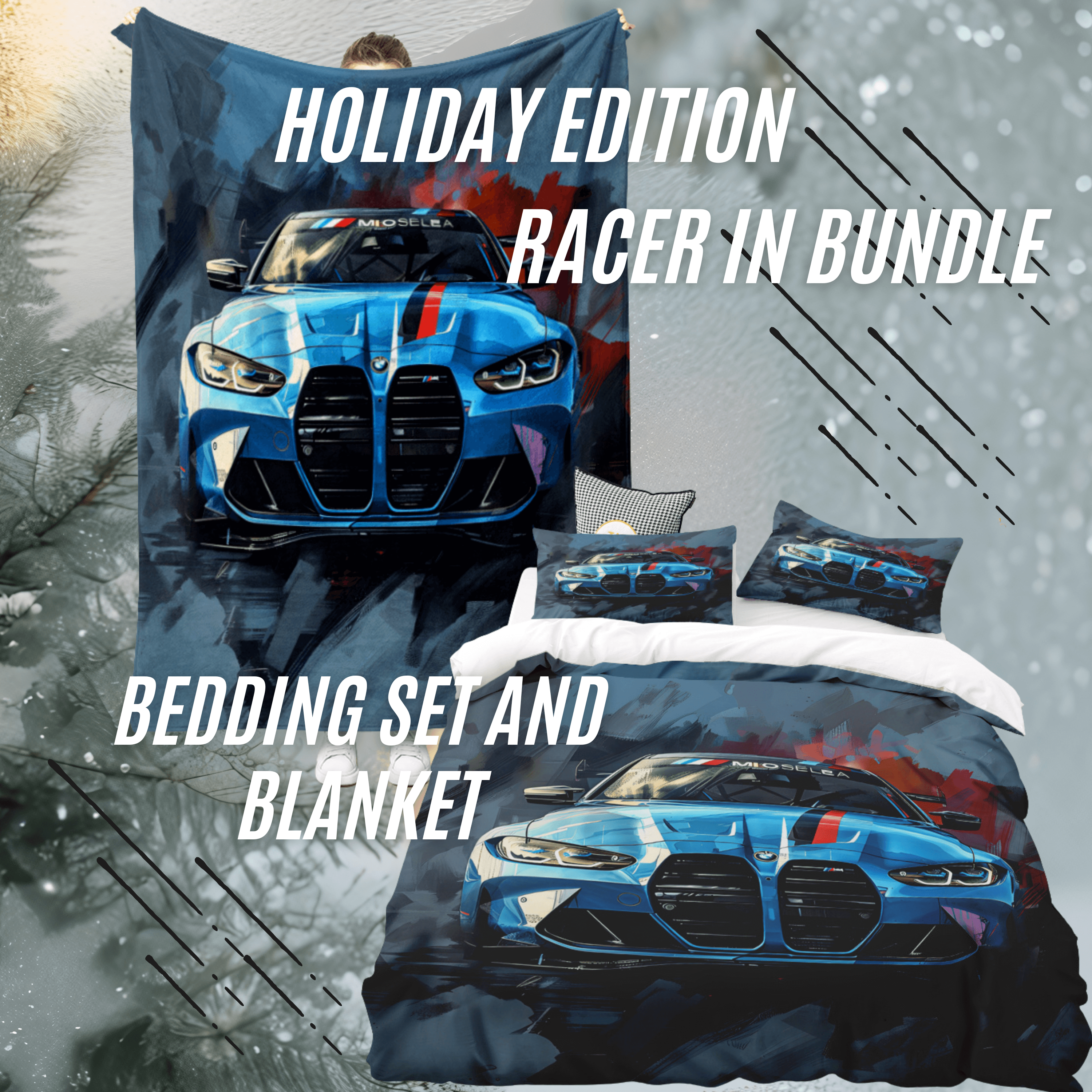 Bedding set with blue car design BMW M4 G82 featuring a blanket and two pillows on a bed. Bavarian old school Bundle for Holiday