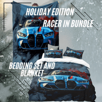 Bedding set with blue car design featuring a blanket and pillows on a bed. Bundle on Holiday edition. Bavarian old school