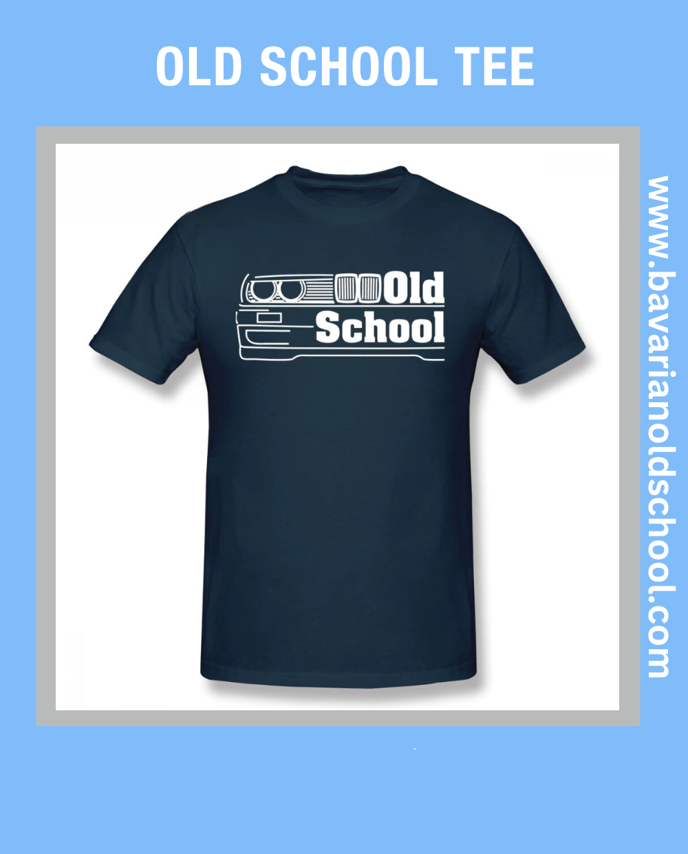 old school tee. on tee is front of bmw e30 with headlights and amblem old school. perfect gift for bmw lovers