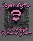 Design with pink text and car silhouette against a cityscape background