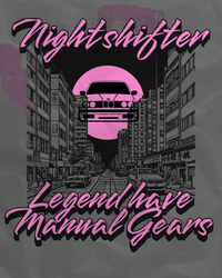 Design with pink text and car silhouette against a cityscape background