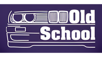 White outline of a car with 'Old School' text on a purple background
