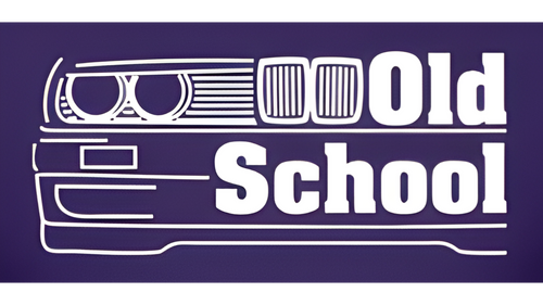 White outline of a car with 'Old School' text on a purple background