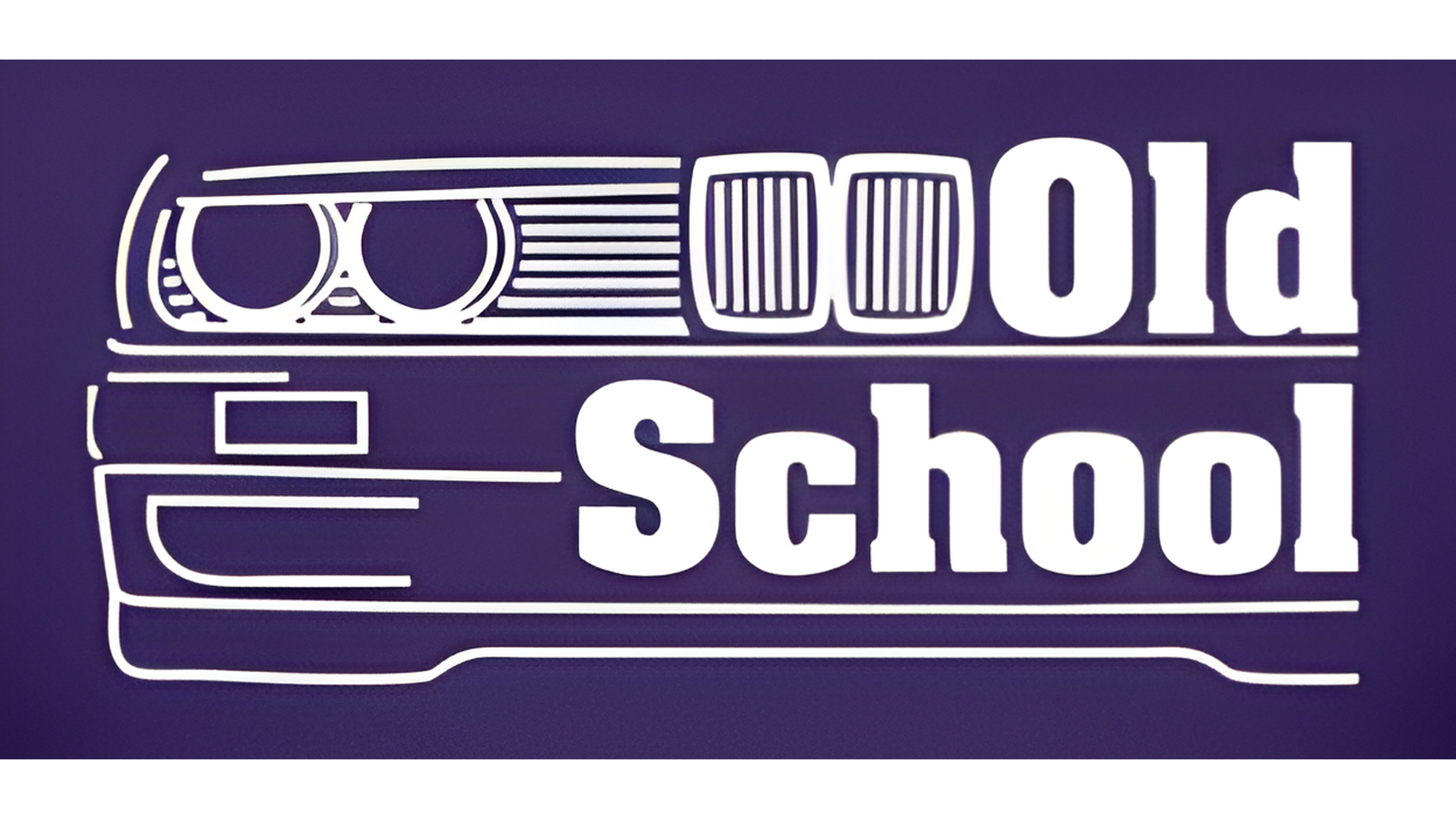 White outline of a car with 'Old School' text on a purple background