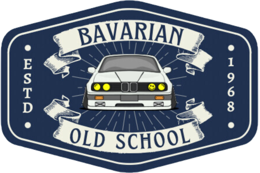 Logo with a car illustration and text 'Bavarian Old School' on a blue background