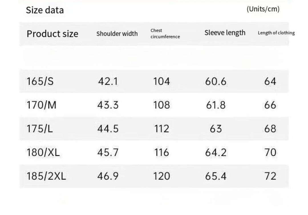 Size chart for clothing with measurements in centimeters