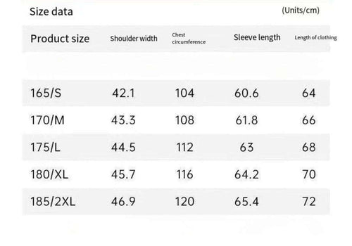 Size chart for clothing with measurements in centimeters
