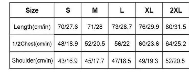Size chart for clothing with measurements in centimeters and inches.